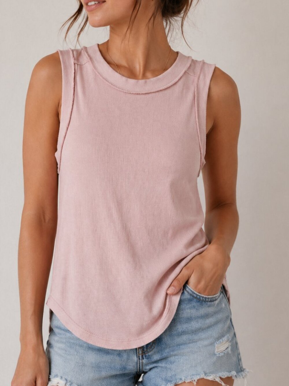 We The Free Ribbed Cotton Spandex Inside-Out Style Muscle Tank Pink Size M
